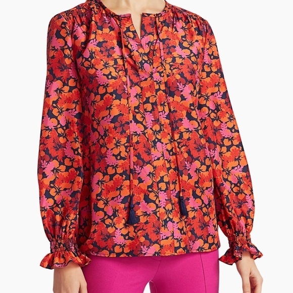 Derek Lam 10 Crosby Aria Floral Blouse Lightweight Tie Front Tassels Boho Sz 2 - Picture 1 of 12